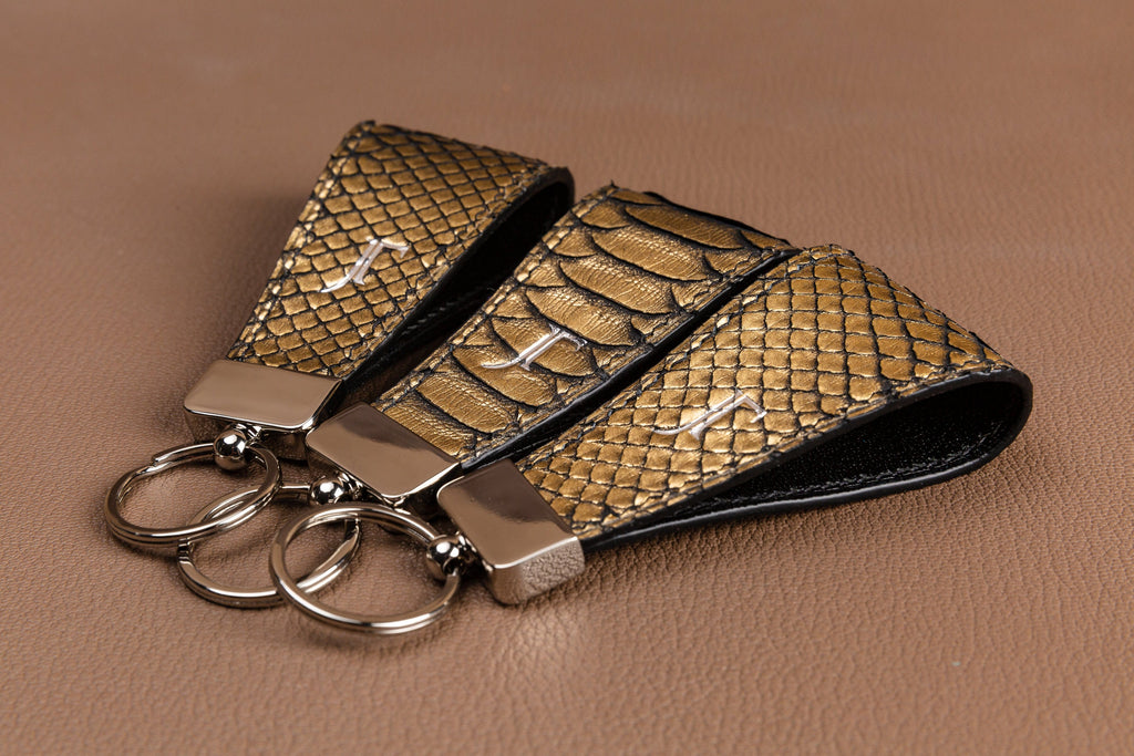 Tamagini Leather Luxury Keychains - American Alligator Matte Serpentine Gray American Alligator w/ Gold Hardware